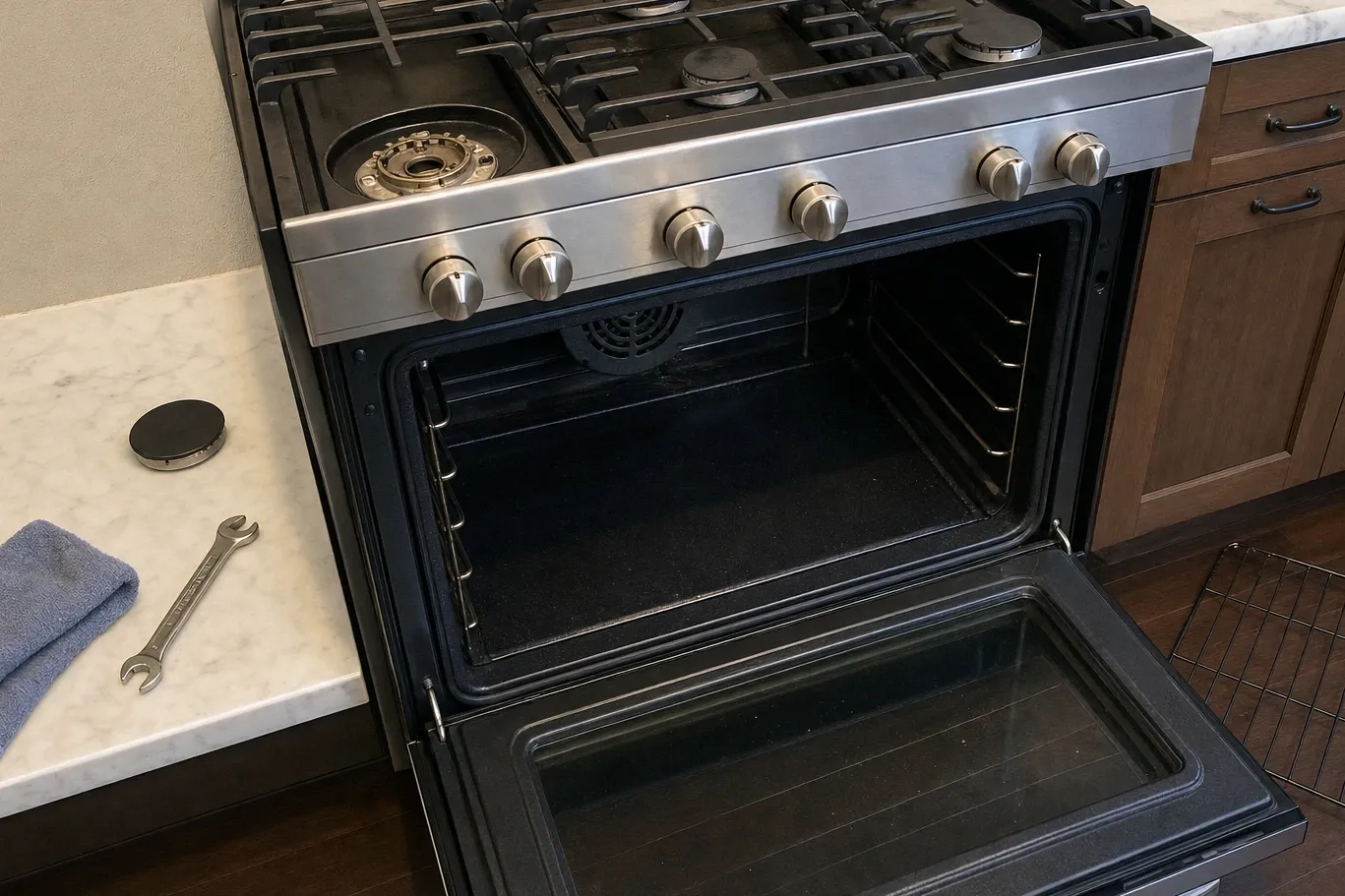 A stainless gas range with the oven door lowered and the cavity empty, one burner cap lifted off the cooktop and a wrench lying on the counter beside it