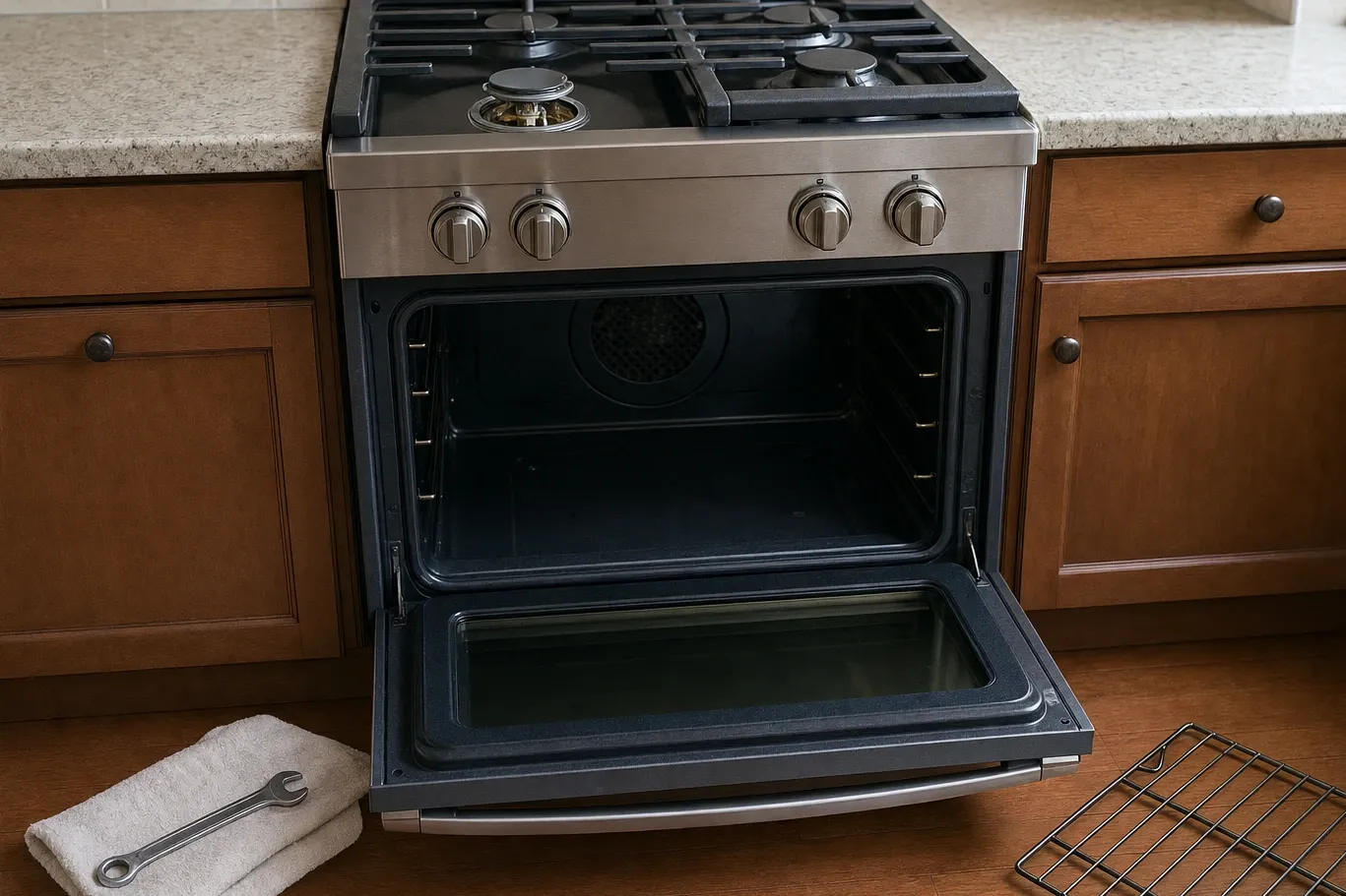 An open oven on a stainless gas range, the cavity empty and the round convection fan cover visible on the back wall, with an oven rack and a wrench on the floor