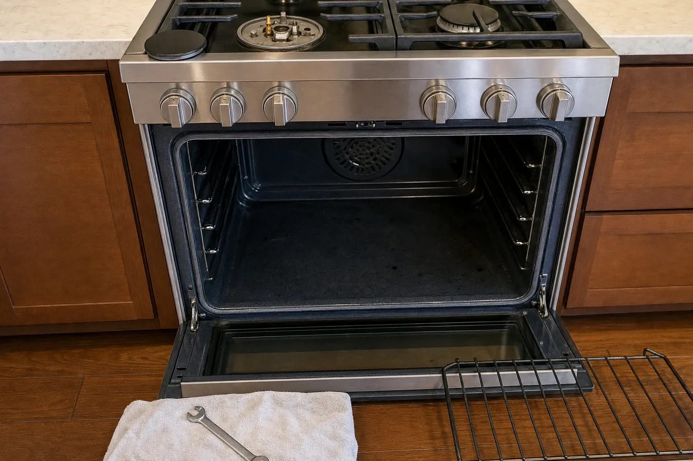A wide professional gas range with one surface burner stripped down, its cap removed and the burner head and ports exposed, and the oven door standing open below