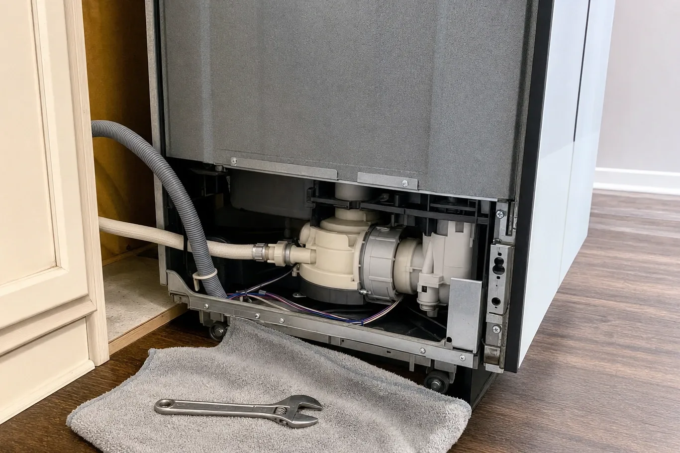 A dishwasher pulled out of its cabinet with the lower access panel removed, exposing the circulation and drain pumps, the corrugated drain hose and the wiring harness