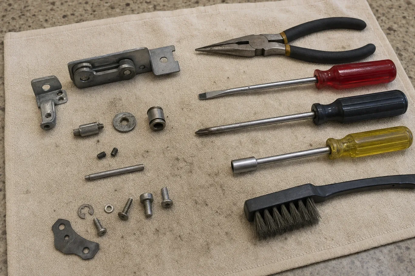 A door hinge assembly, a hinge bracket, springs, an e-clip and assorted fixings laid out on a cloth over a granite worktop with pliers and screwdrivers