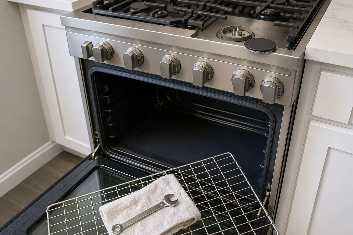 A professional stainless range with the oven door lowered and an oven rack resting across it, a folded towel and a combination wrench on the rack and one burner cap lifted clear above