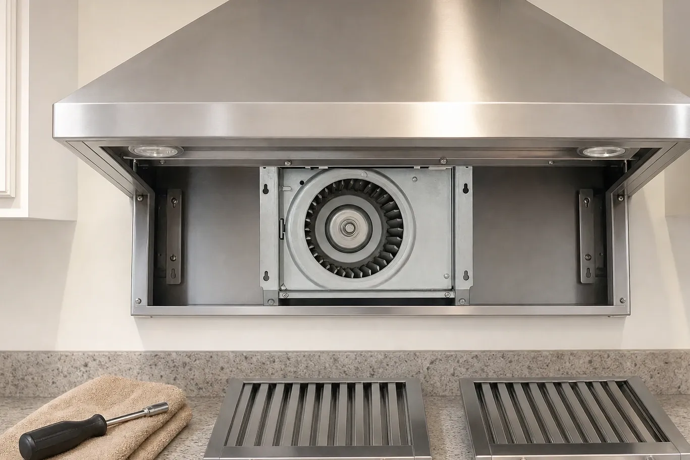 A stainless range hood with its lower panel dropped open to expose the blower wheel in its housing, two baffle filters standing on the counter below beside a screwdriver